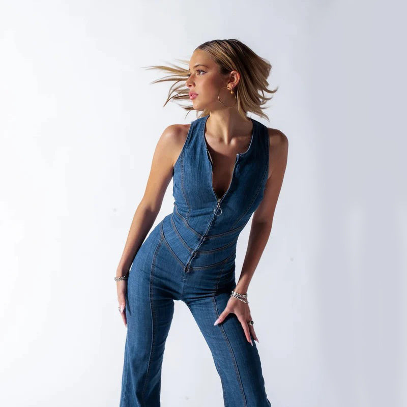 Summer Slim Heart-shape Backless Denim Jumpsuit Women Halter Neck Zip Up High Waist Panst Retro Style Clothing Kaps B International