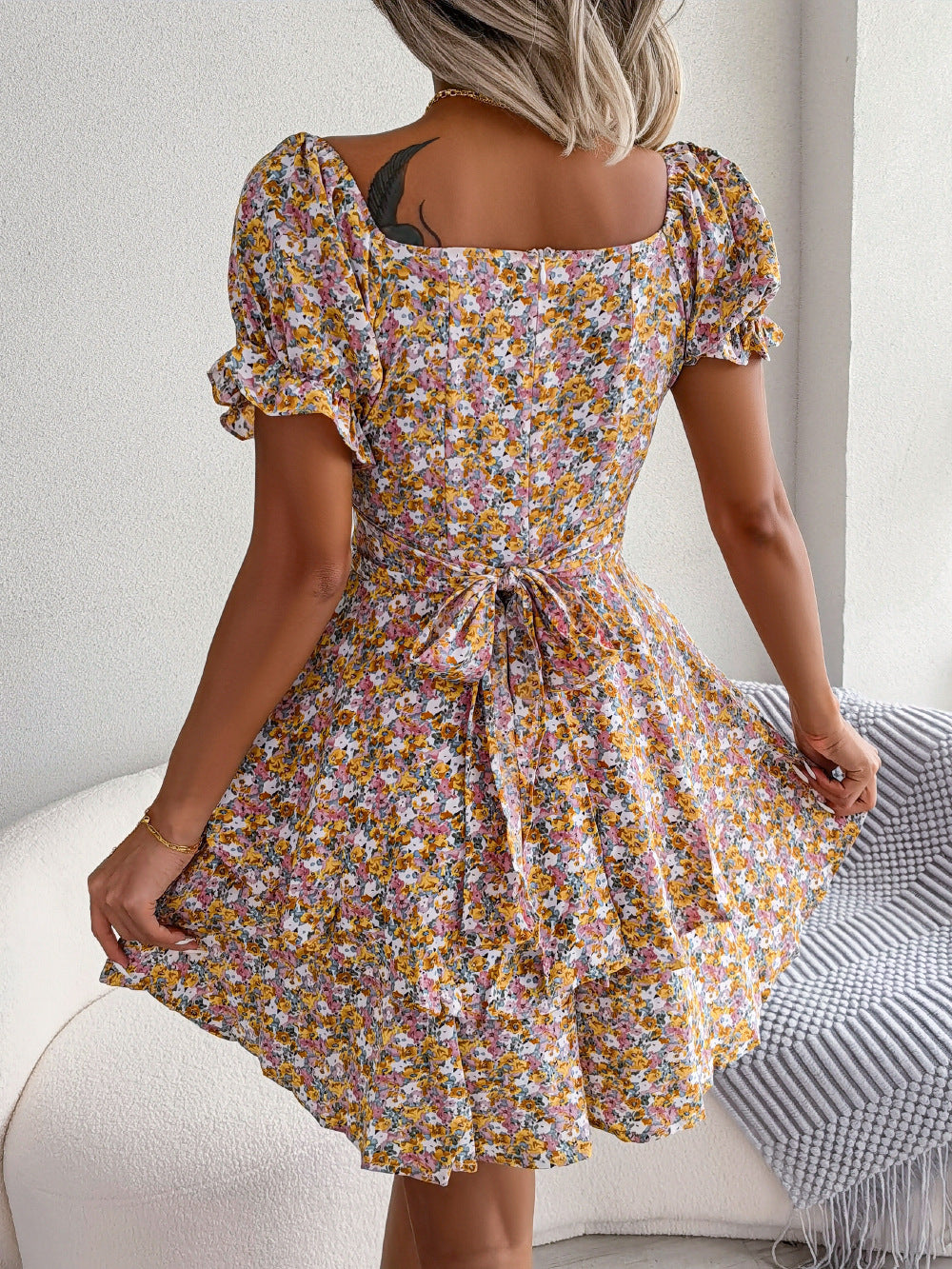 Women's floral print swing mini dress with short sleeves – product photo, view 5