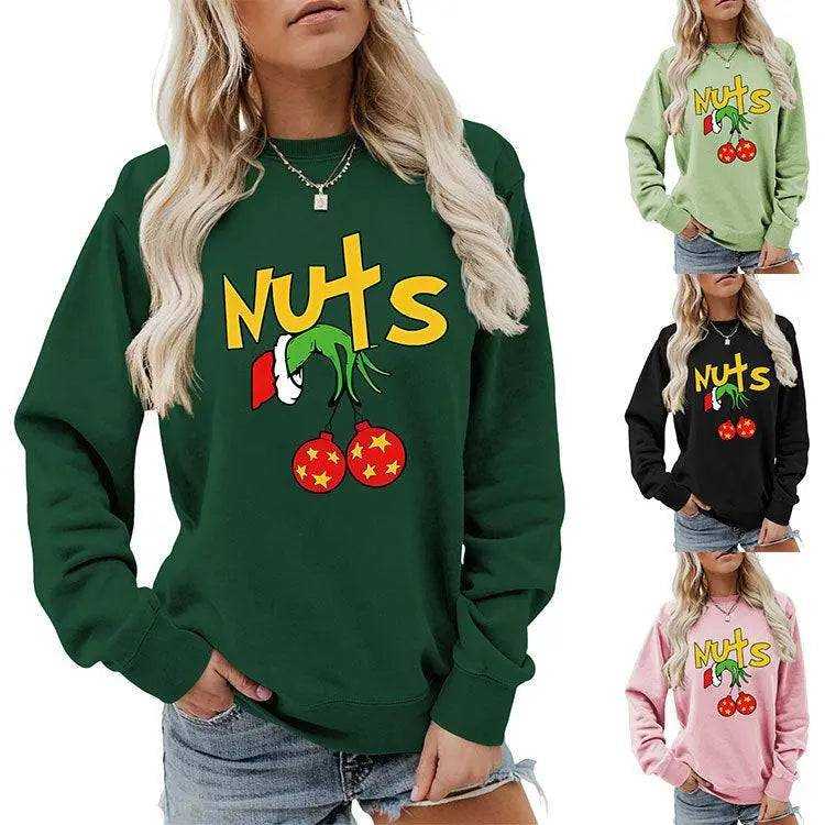 Printed Long Sleeve Pullover Hoodie with cherry and "Nuts" graphic in green, black, pink, and light green colors