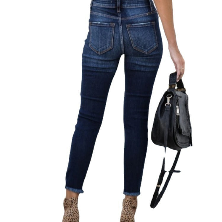 Women's High Waist Stretch Retro Ripped Breasted Jeans With Small Feet Kaps B International
