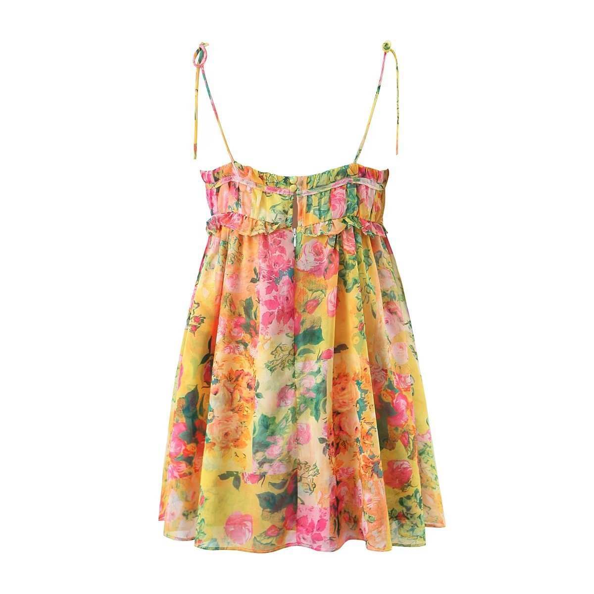 Y2K Flowers Print Suspender Dress Summer Fashion Ruffled Holiday Beach Short Dresses Womens Clothing Kaps B International