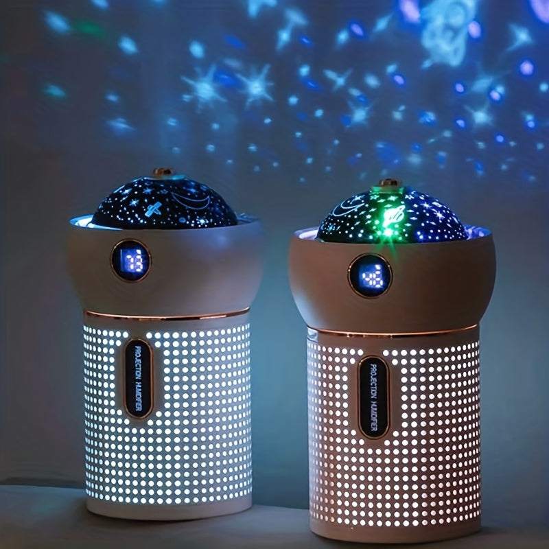 Projection humidifier with galaxy night light, large capacity, and aromatherapy for bedroom and home ambiance.