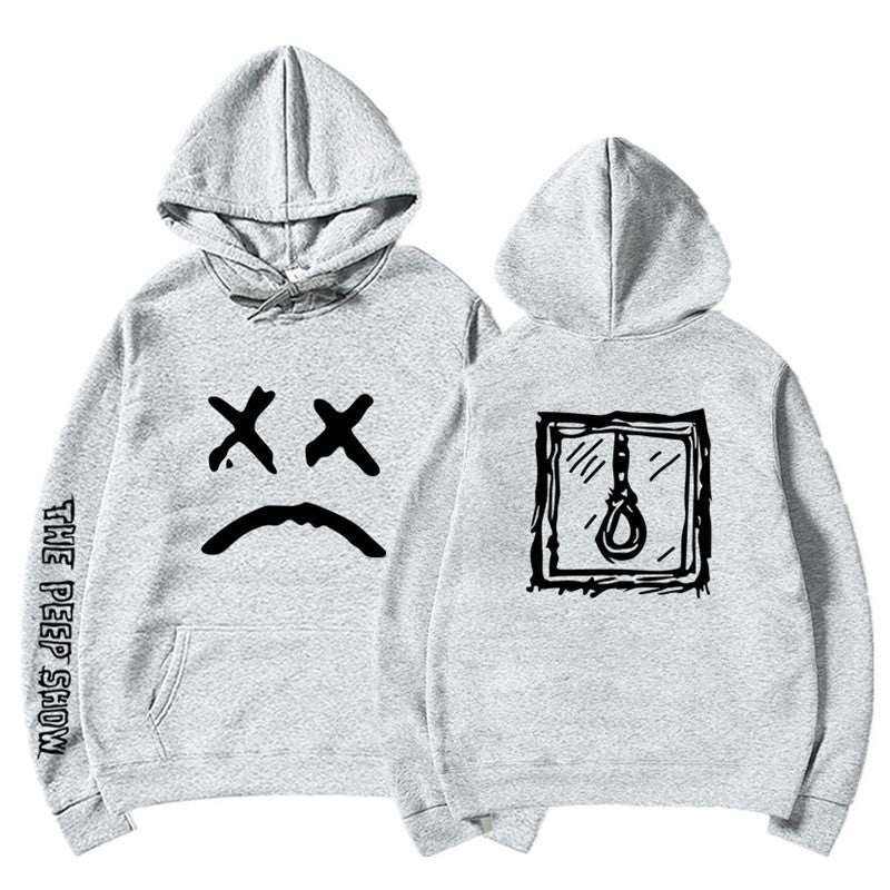 Gray hooded winter clothing with black graphic sad face and text on sleeve, cozy cotton blend hoodie for casual wear