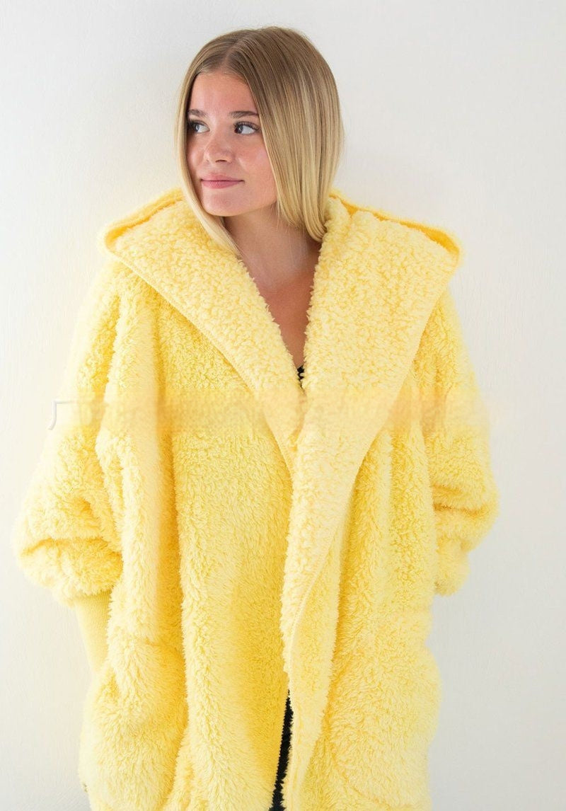 Women's hooded furry cardigan coat with pockets – view 3