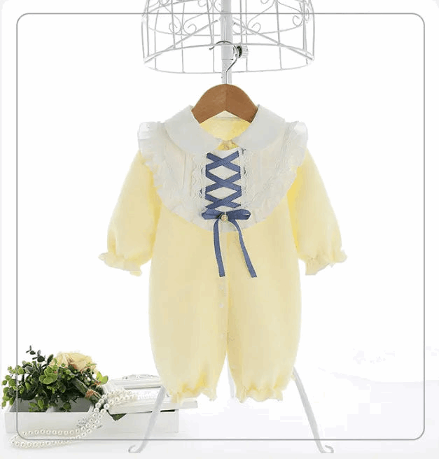 Yellow baby onesie romper with white lace collar and blue ribbon, thickened warm cotton fabric.
