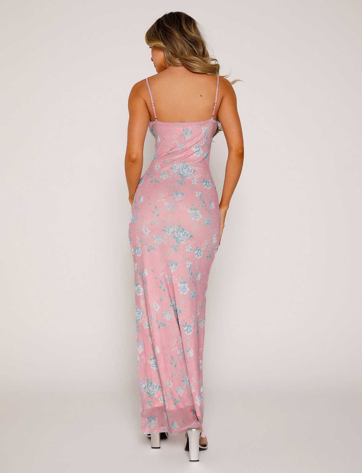 Women's floral print slip maxi dress with thin straps for summer, view 4