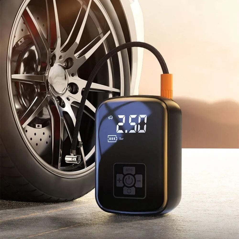 Wireless electric car tyre inflator pump with digital display and USB rechargeable battery inflated tire