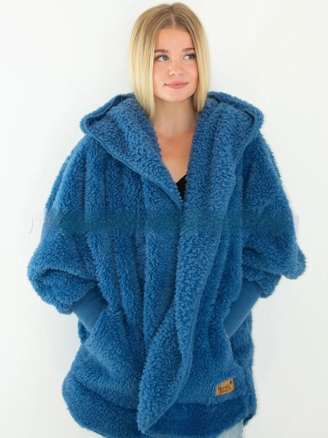 Women's hooded furry cardigan coat with pockets – view 8