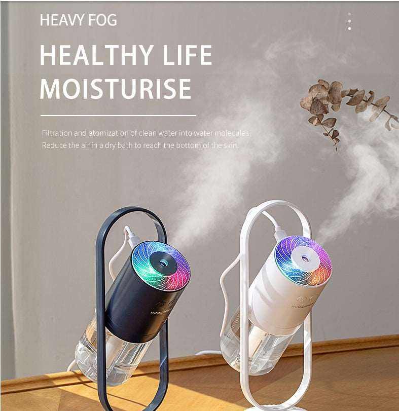 Magic Shadow USB air humidifier releasing mist with colorful projection lights in black and white designs