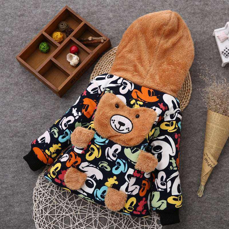 Colorful children's winter coat with bear design and hood made of soft fabric.