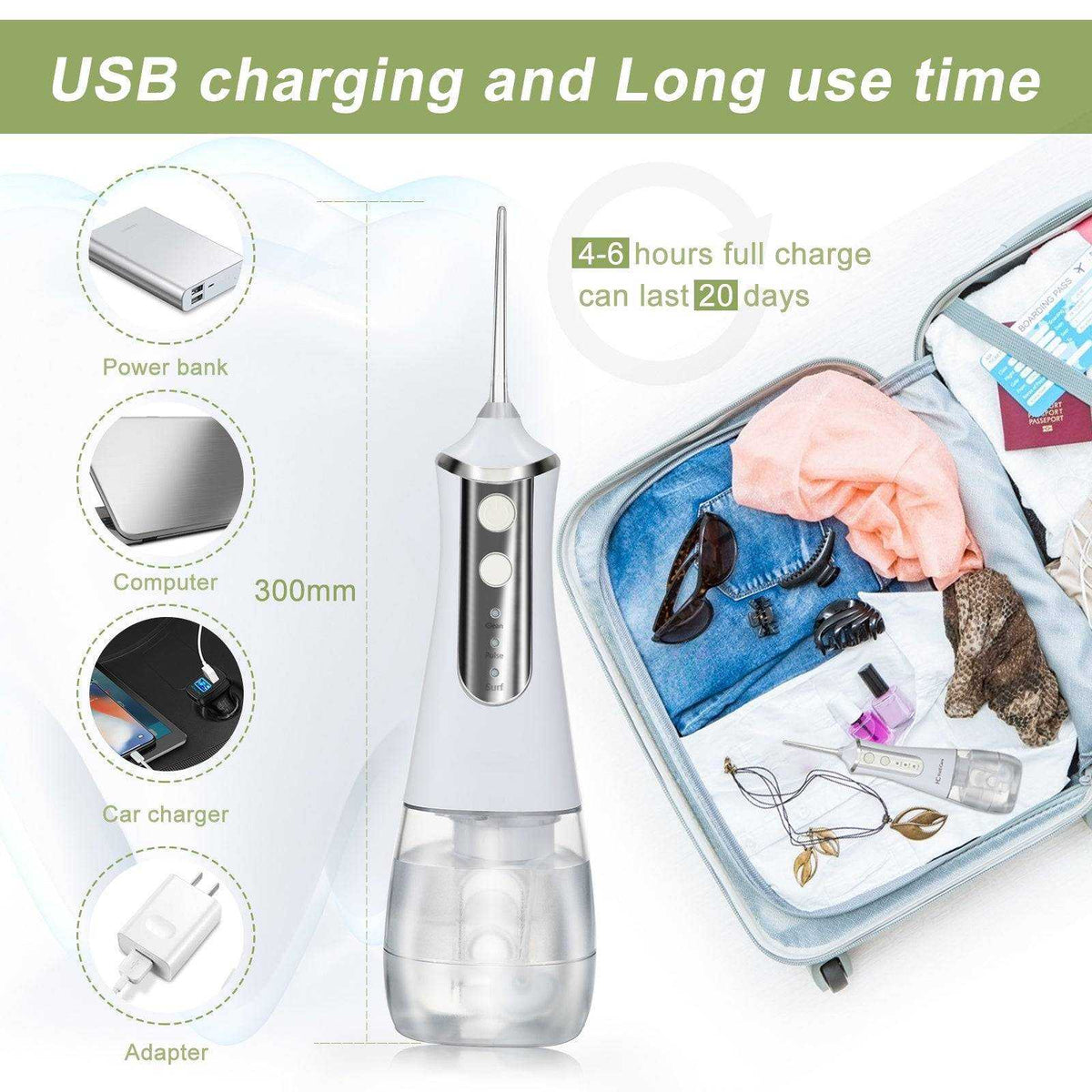 3 Modes Oral Irrigator USB Rechargeable Water Floss Portable Dental with 350ml tank and waterproof design