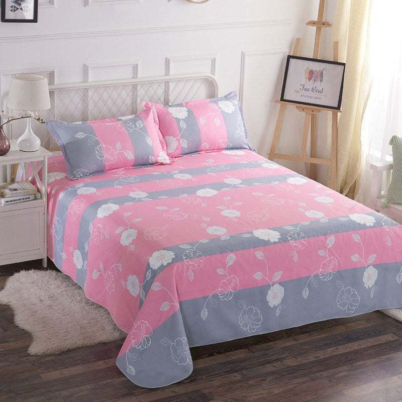 Single double bed cartoon bed sheets set with pink and gray floral design, includes one bed sheet and two pillowcases