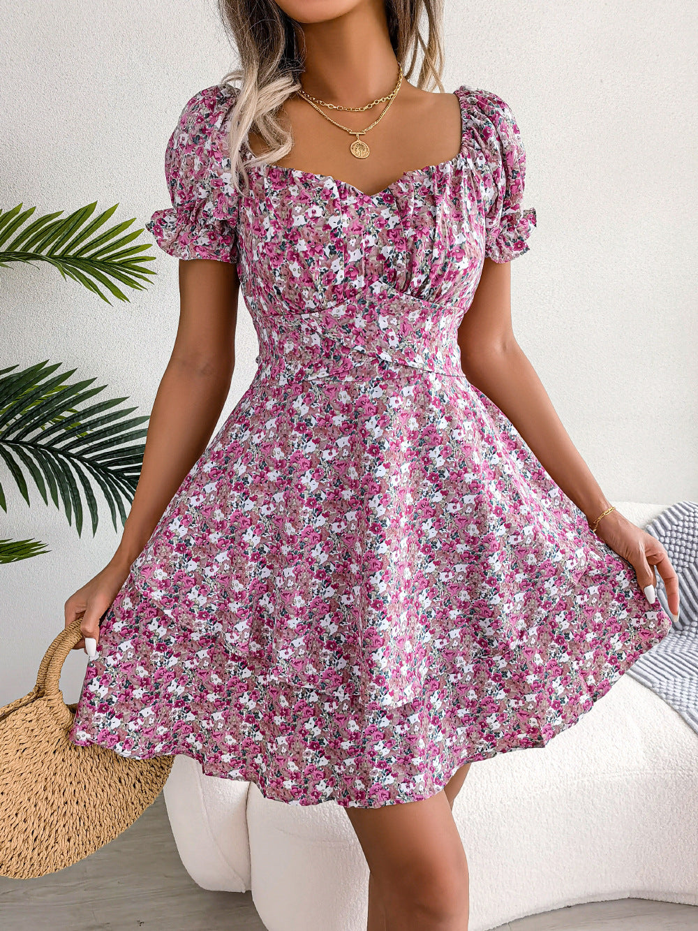 Women's floral print swing mini dress with short sleeves – product photo, view 4
