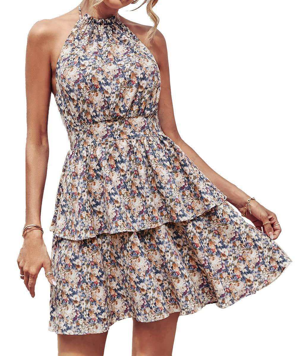 Summer printed halter dress fashion boho backless ruffled A-line beach dress for women