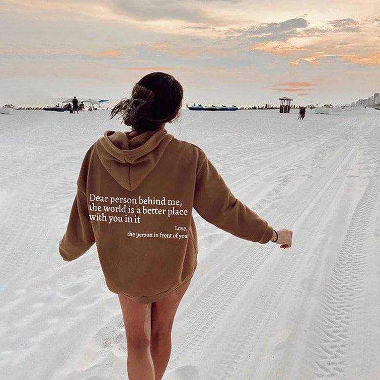 Women's plush letter printed kangaroo pocket drawstring hoodie with hood and long sleeves in polyester fabric