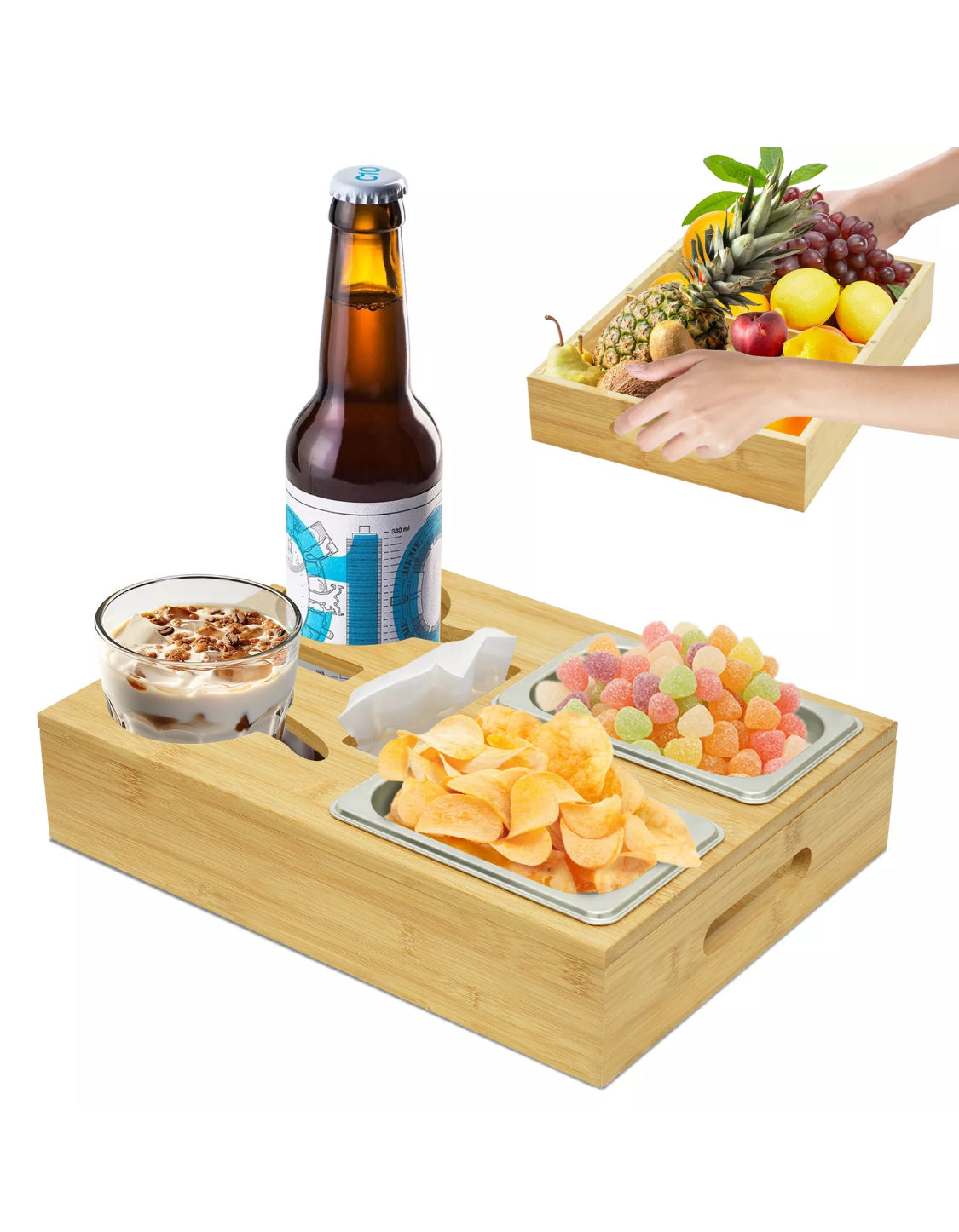 Bamboo Couch Cup Holder Tray - Versatile Bed & Car Organizer