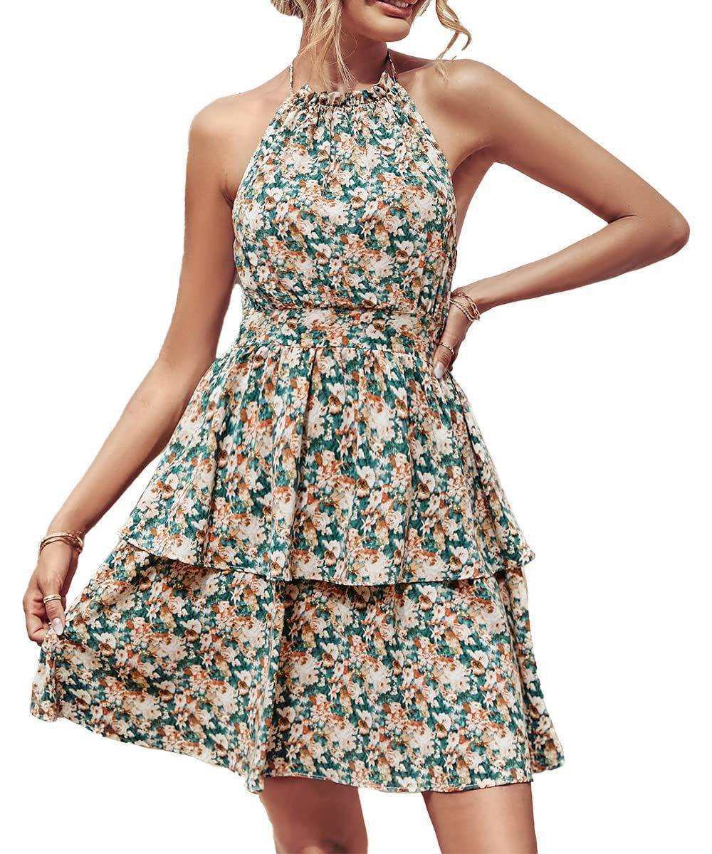Summer printed halter dress with boho backless design and ruffled A-line silhouette for women