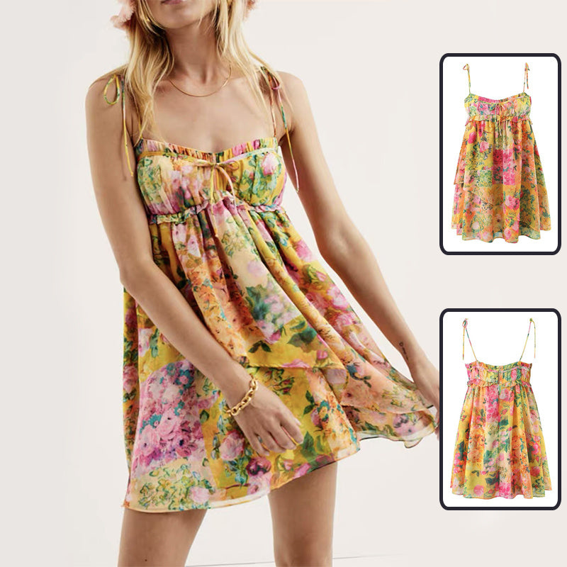 Y2K Flowers Print Suspender Dress Summer Fashion Ruffled Holiday Beach Short Dresses Womens Clothing Kaps B International