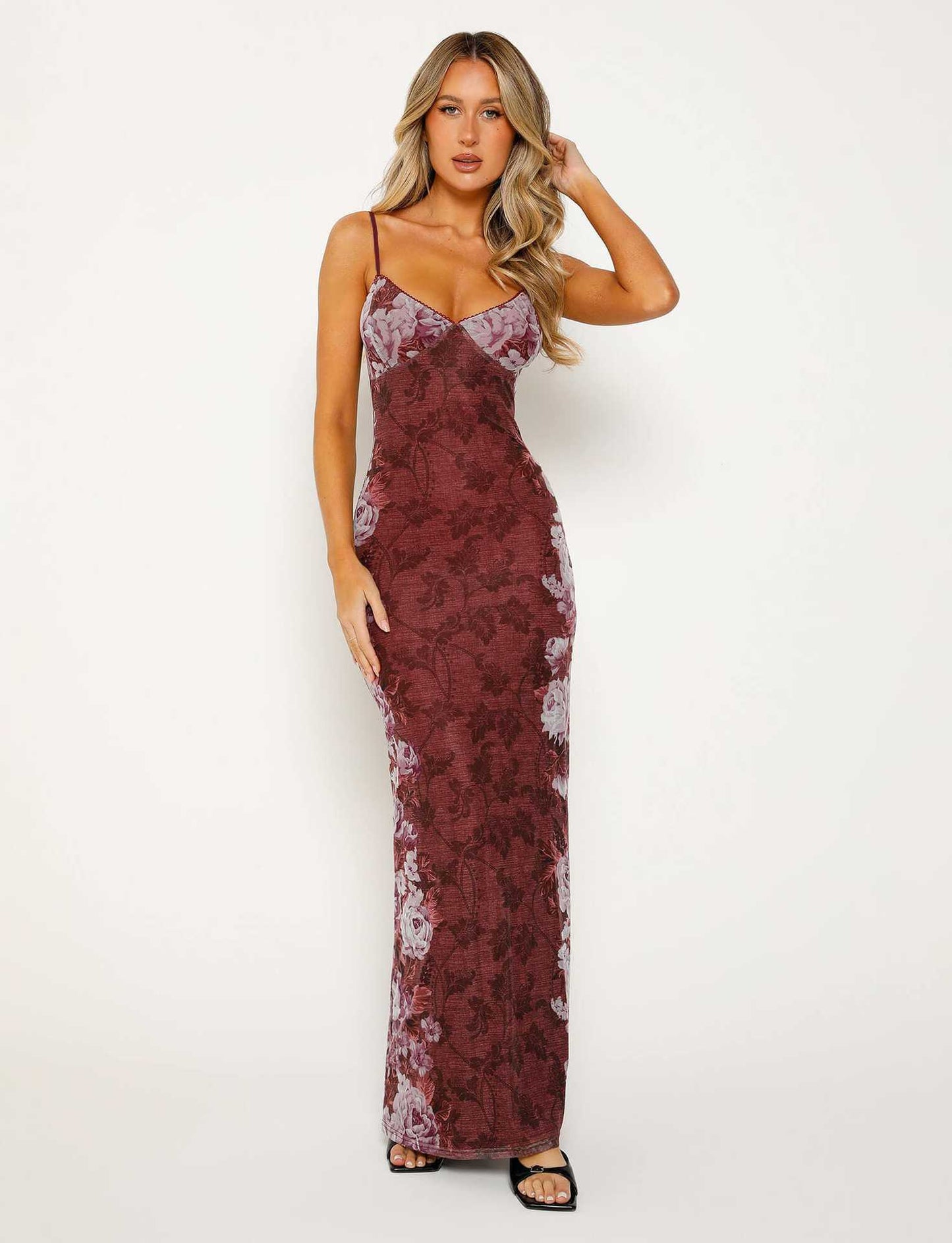 Women's floral print slip maxi dress with thin straps for summer, view 2