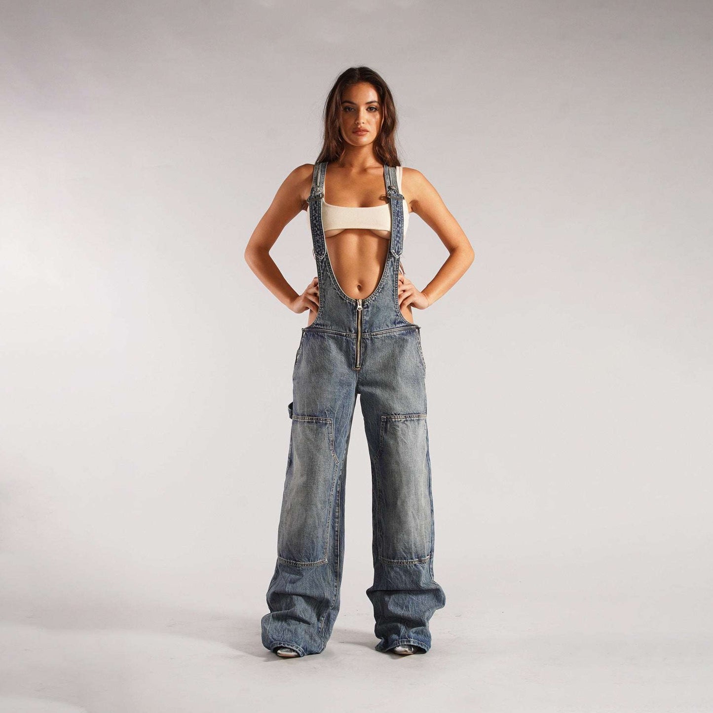 Denim Overalls With Pockets Fashion Loose Jumpsuit Streetwear Zipper Jeans Pants Womens Clothing