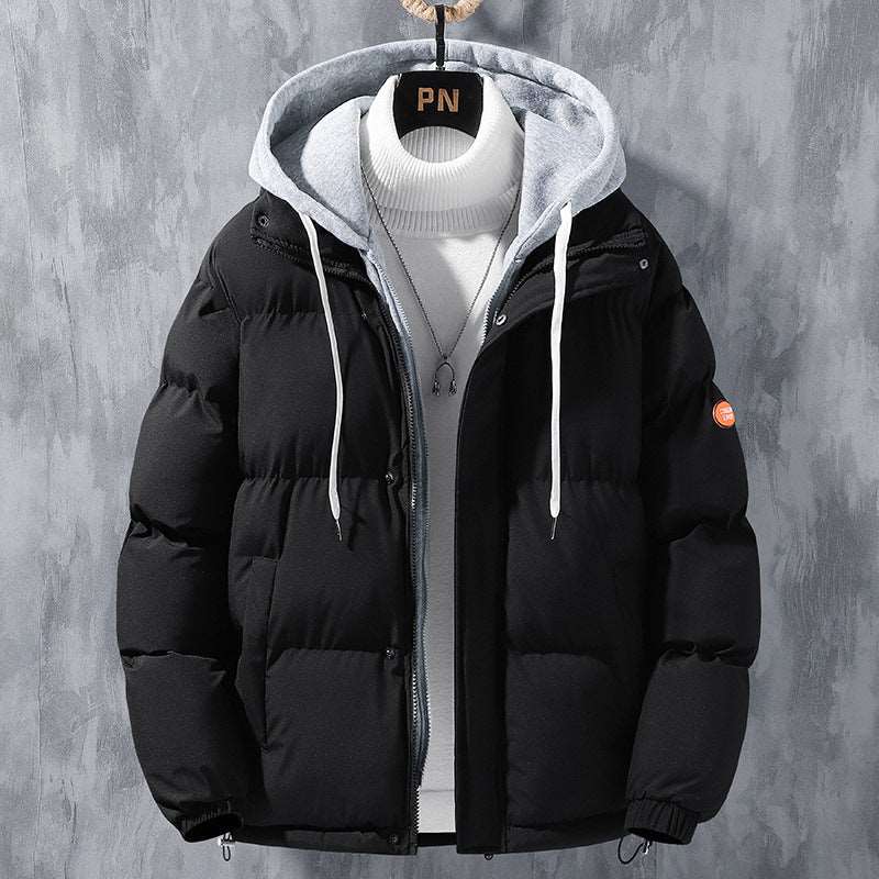 Fashion Hooded Jacket Men Winter Windproof Thickened Fake Two-piece Coat Solid Leisure Sports Cotton Jacket Kaps B International