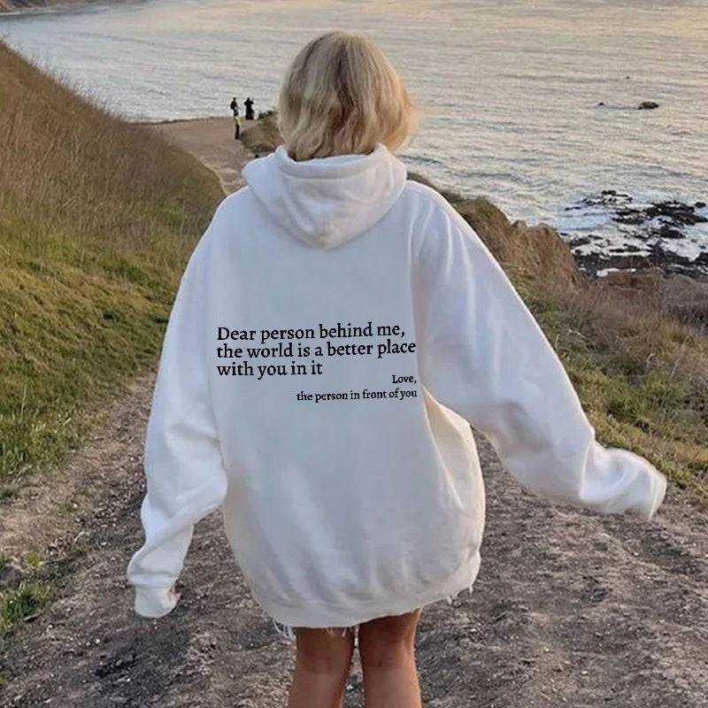Women's plush letter printed kangaroo pocket drawstring hoodie with long sleeves and hooded collar