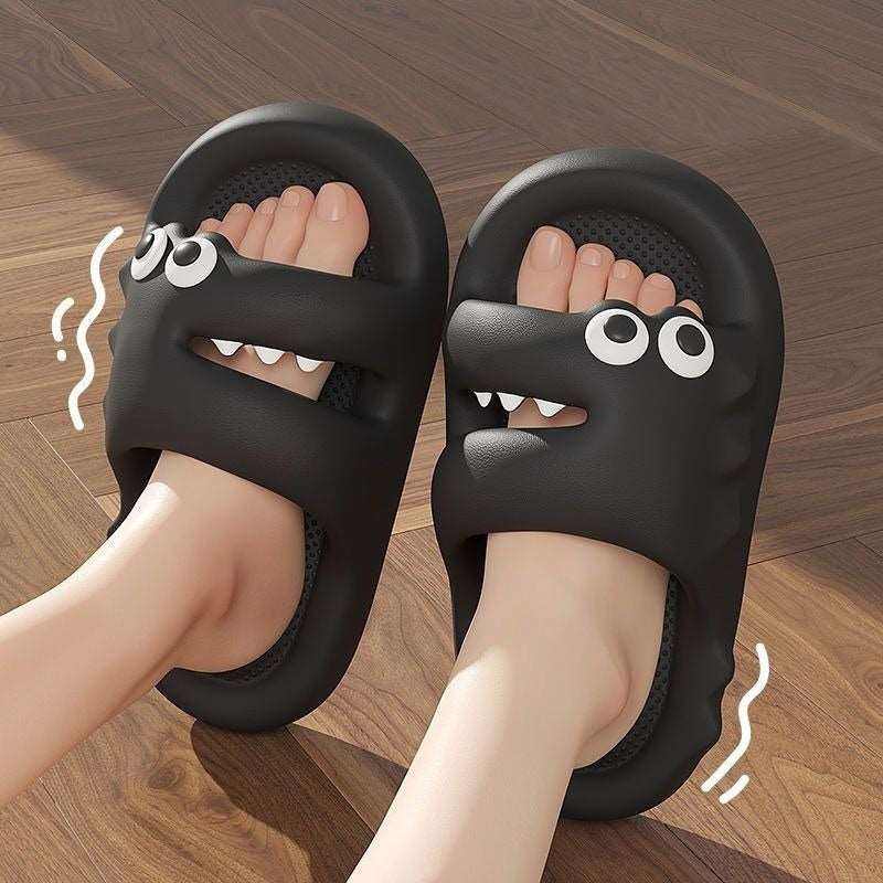Black cute cartoon slippers with eyes and teeth design, non-slip thick soles for indoor and outdoor use