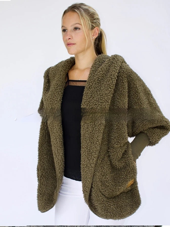 Women's hooded furry cardigan coat with pockets – view 11