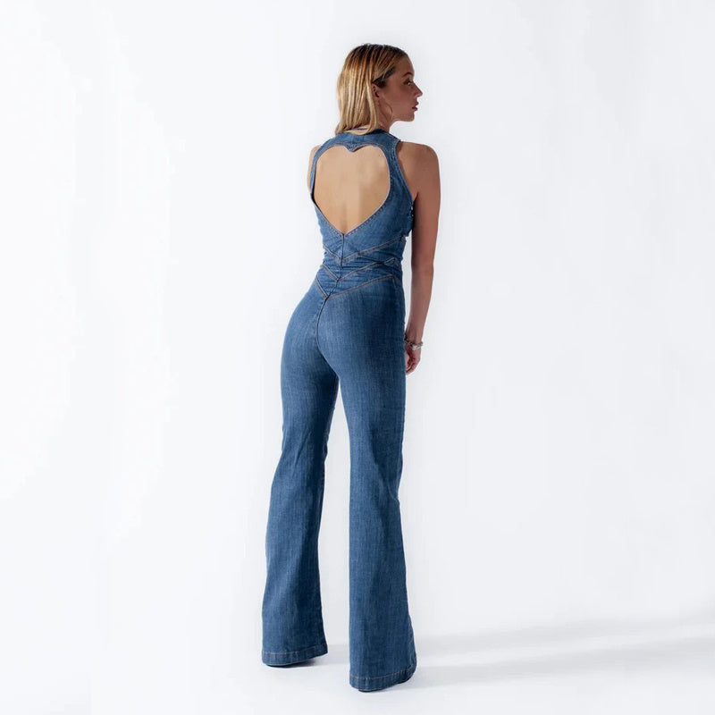 Summer Slim Heart-shape Backless Denim Jumpsuit Women Halter Neck Zip Up High Waist Panst Retro Style Clothing Kaps B International