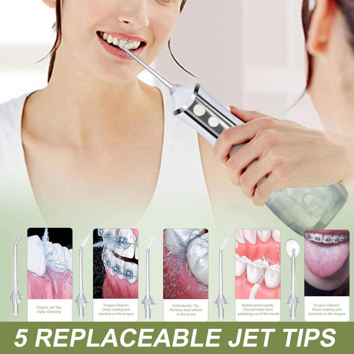 3 Modes Oral Irrigator USB Rechargeable Water Floss Portable Dental with 5 replaceable jet tips and 350ml water tank