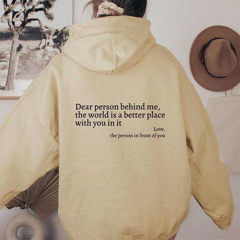 Women's plush letter printed kangaroo pocket drawstring hoodie with inspirational text and hooded collar