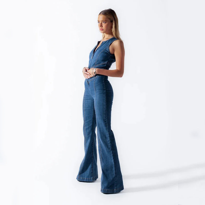 Summer Slim Heart-shape Backless Denim Jumpsuit Women Halter Neck Zip Up High Waist Panst Retro Style Clothing Kaps B International