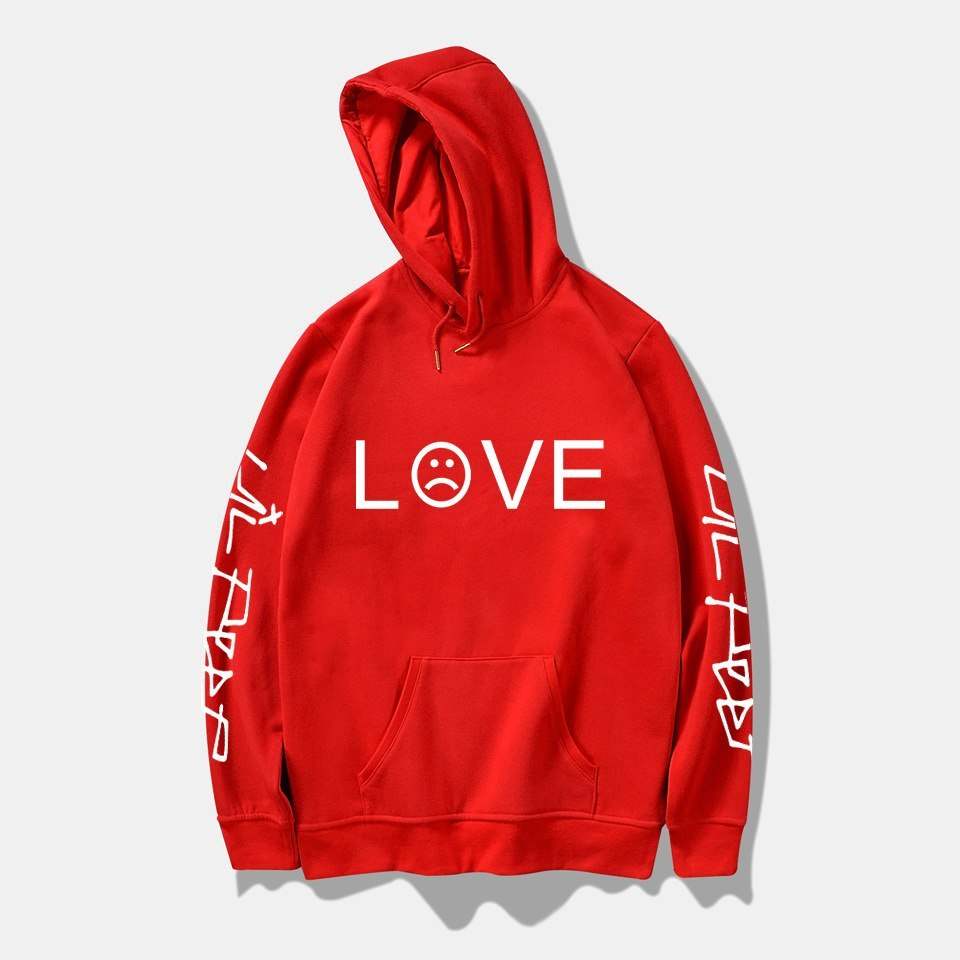 Red Love Hoodies with white print design, hooded cotton polyester blend sweatshirt for men, hip hop style.