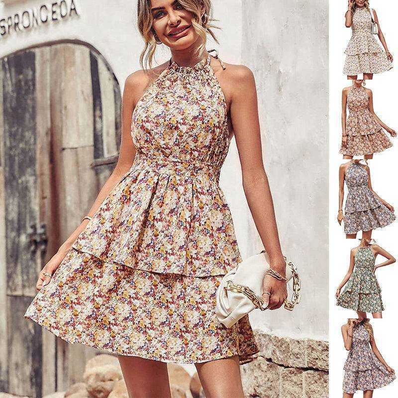 Summer printed halter dress fashion boho backless ruffled A-line beach dress for women