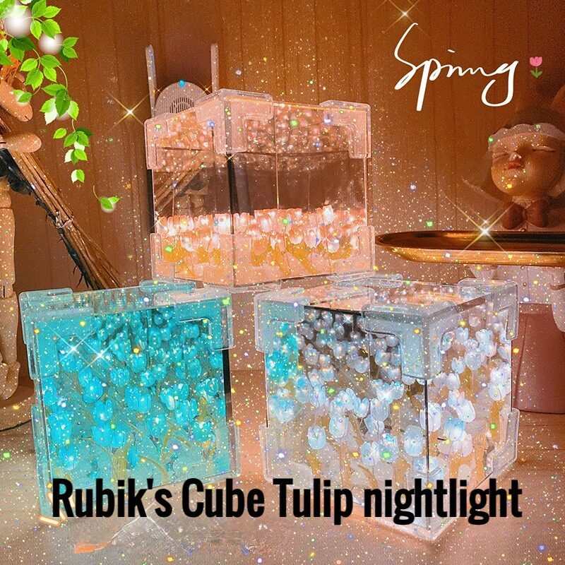 Girlfriend mirror lamp DIY material pack atmosphere decoration with glowing Rubik's Cube tulip nightlight in pastel colors on wooden surface