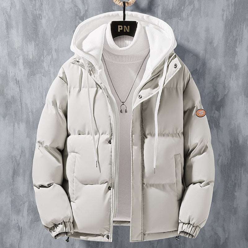 Fashion Hooded Jacket Men Winter Windproof Thickened Fake Two-piece Coat Solid Leisure Sports Cotton Jacket Kaps B International