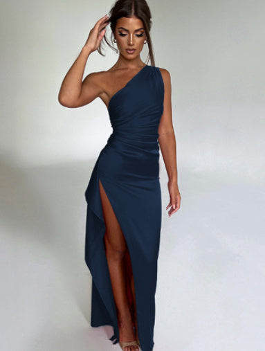 Sexy One-shoulder Backless Split Dress Summer Elegant Slim-fit Solid Color Satin Dresses For Women Kaps B International