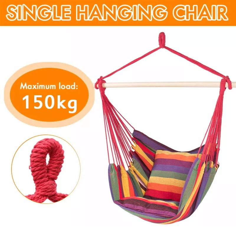 Portable Hanging Hammock Chair, Garden Swing with Cushions, Multicoloured, Indoor Outdoor.