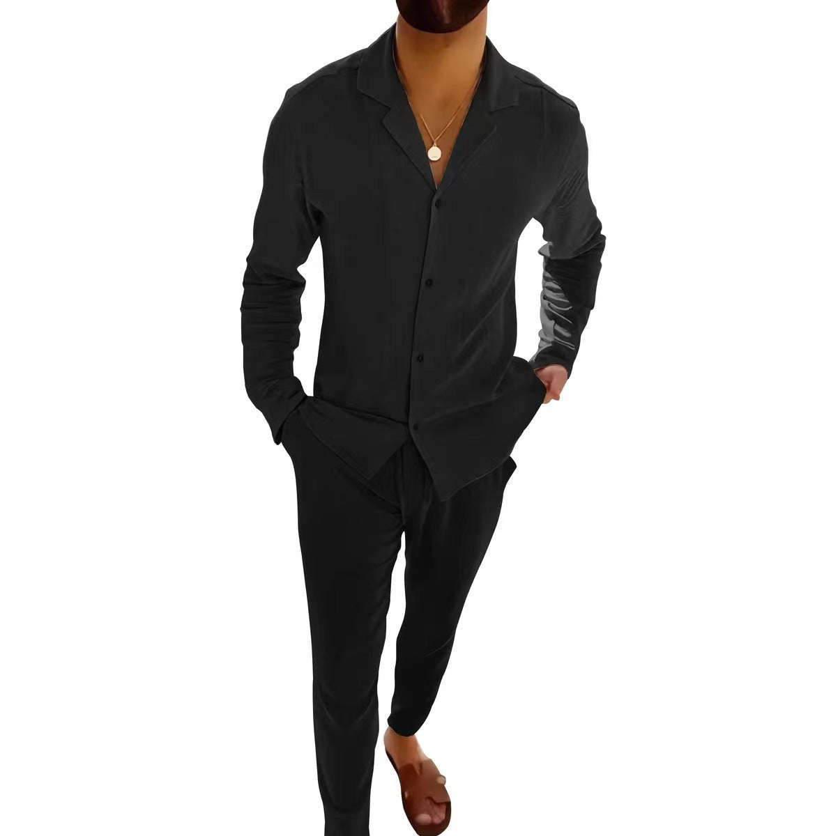 Men's casual long sleeve shirt and slim-fit trousers set – product photo, view 4