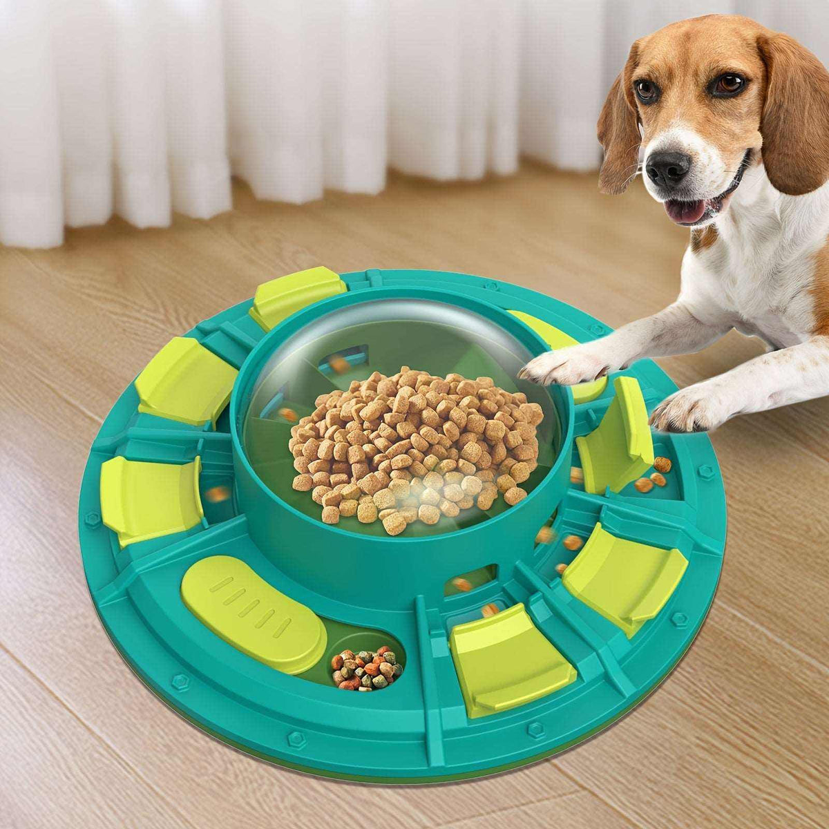 Interactive dog puzzle toy and slow feeder with compartments for treats and kibble