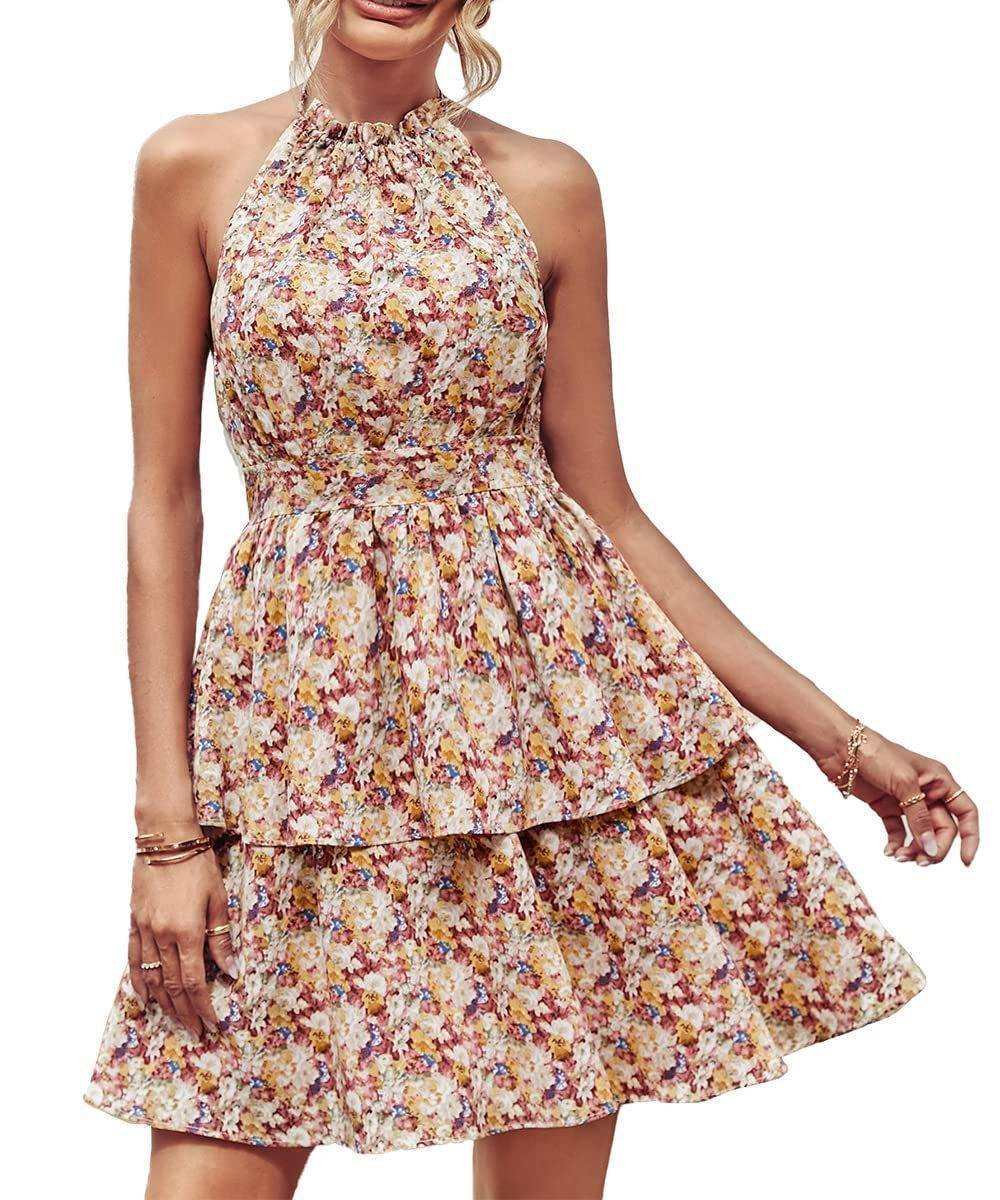 Summer printed halter dress fashion boho backless ruffled A-line beach dress for women