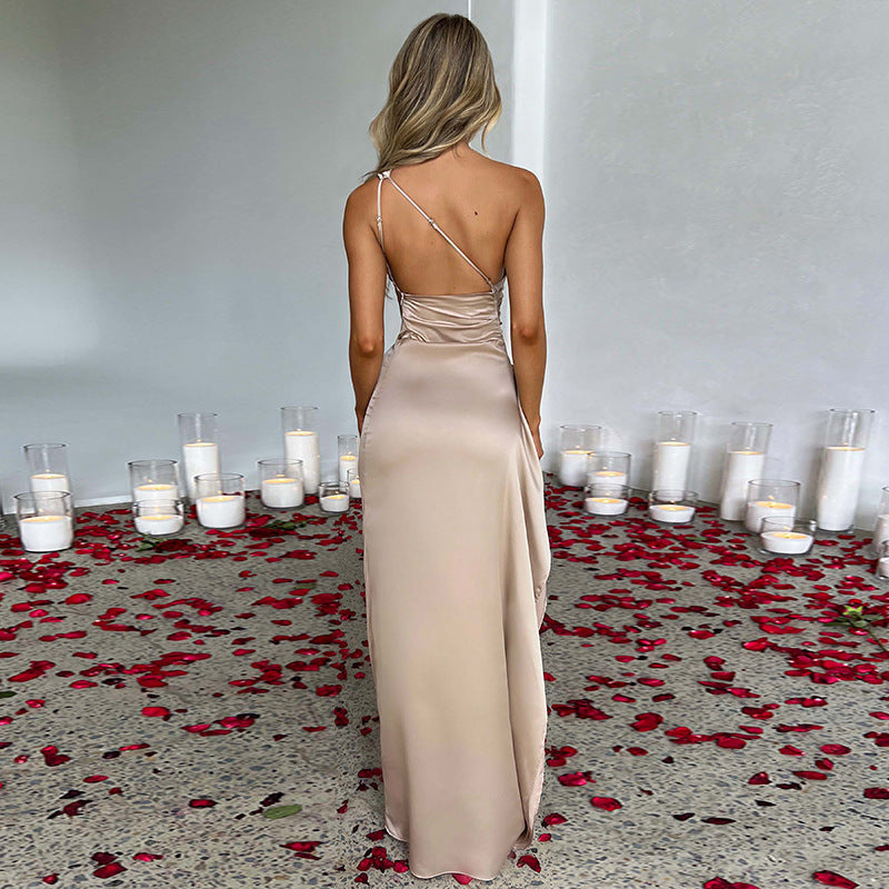Sexy One-shoulder Backless Split Dress Summer Elegant Slim-fit Solid Color Satin Dresses For Women Kaps B International