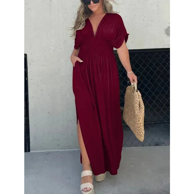 Fashion Bat-sleeved V-neck Slit Dress Summer Short Sleeve Elastic Waist Long Dresses Womens Clothing Kaps B International