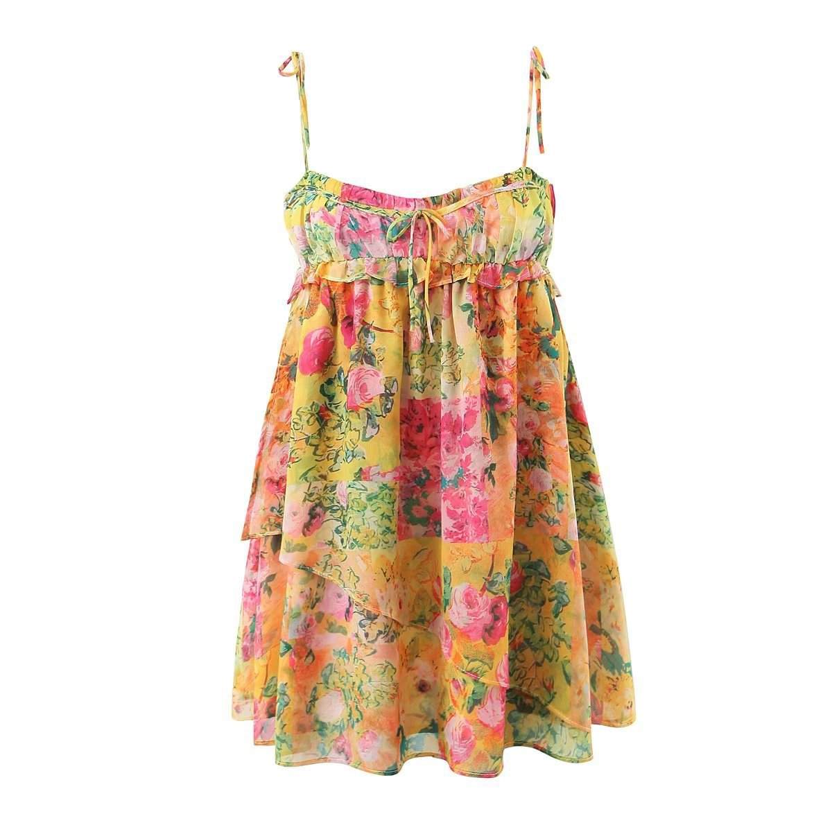 Y2K Flowers Print Suspender Dress Summer Fashion Ruffled Holiday Beach Short Dresses Womens Clothing Kaps B International