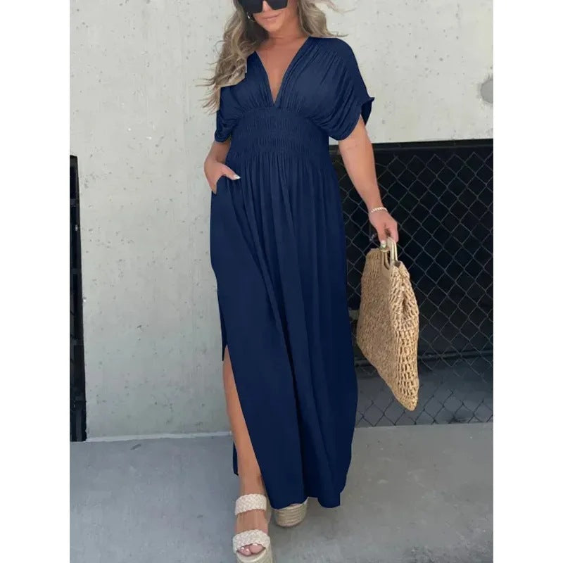 Fashion Bat-sleeved V-neck Slit Dress Summer Short Sleeve Elastic Waist Long Dresses Womens Clothing Kaps B International