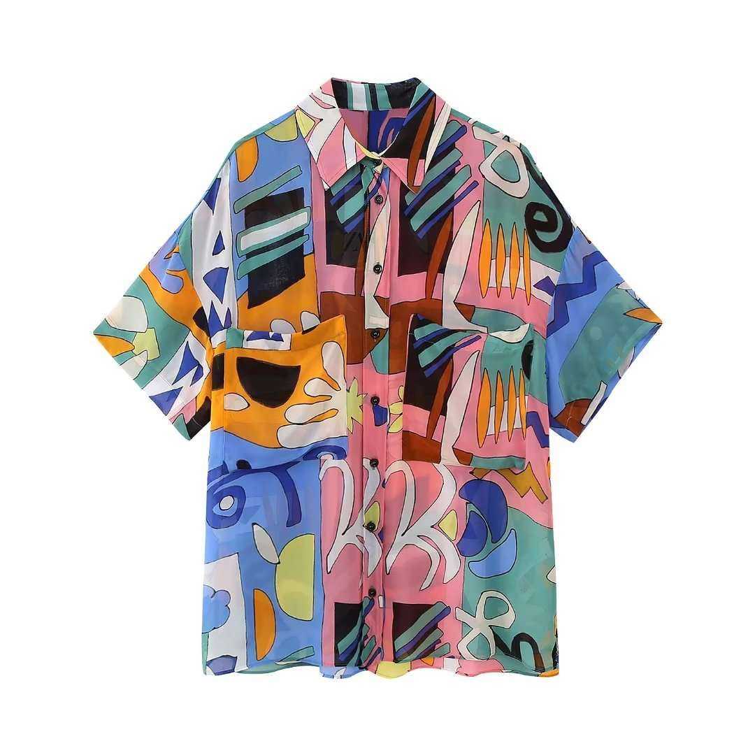 American style printed vertical blouse with matching home trousers set for women