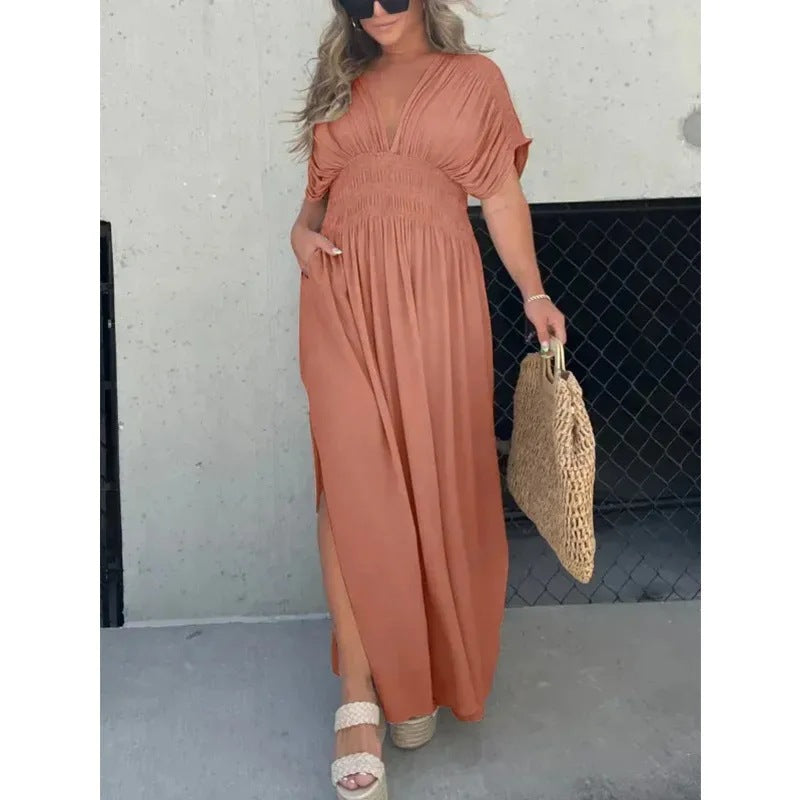Fashion Bat-sleeved V-neck Slit Dress Summer Short Sleeve Elastic Waist Long Dresses Womens Clothing Kaps B International