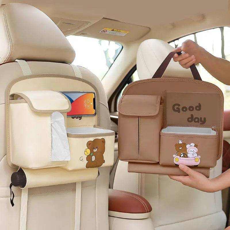 Multifunctional cute cartoon car storage bag hanging on car seat back with waterproof leather design