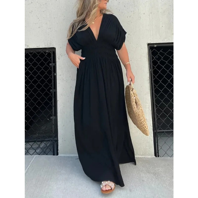 Fashion Bat-sleeved V-neck Slit Dress Summer Short Sleeve Elastic Waist Long Dresses Womens Clothing Kaps B International