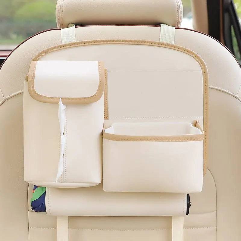 Multifunctional waterproof leather car storage bag with cute cartoon design hanging in car interior